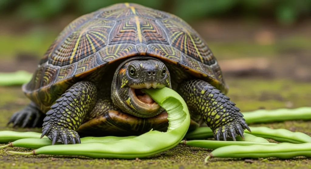 A turtle enjoys a green bean, showing that can turtles eat green beans as a safe and healthy part of their diet.