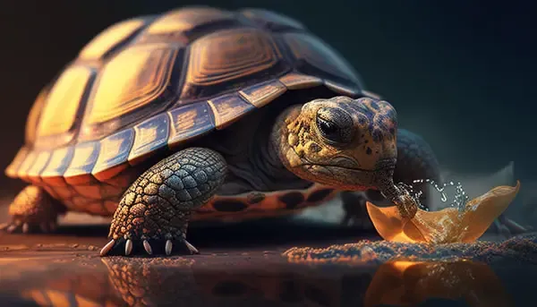A turtle eating food on the ground – can turtles eat ants? Yes, ants may offer protein but should only be given in moderation.